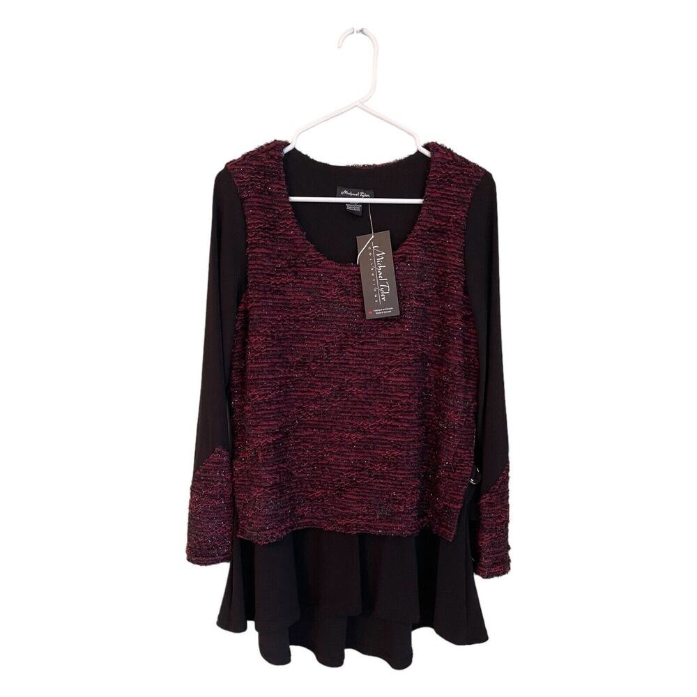 Michael Tyler Layered Blouse Size Medium Burgundy Shimmer Wine & Black New w Tag